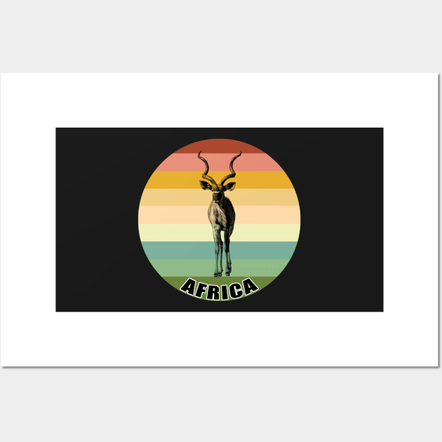 Greater Kudu Bull Full Figure on Vintage Retro Africa Sunset Wall Art by scotch